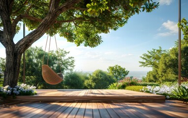 An art piece featuring a hanging chair from a tree in a natural landscape