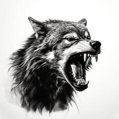 black and white wolf, mouth open snarling, contrast, white background сreated with Generative Ai