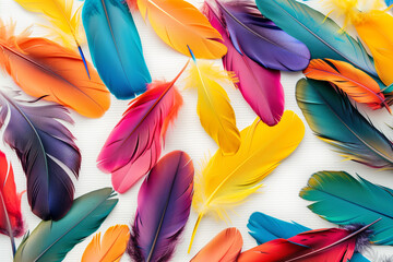 background with colorful feathers, top view