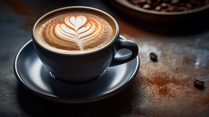 hot coffee with latte art on dark coffee beans background