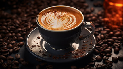 hot coffee with latte art on dark coffee beans background