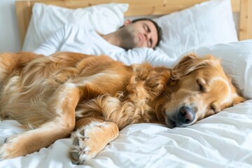 Young man and dog peacefully sleeping together on a comfortable white bed at home