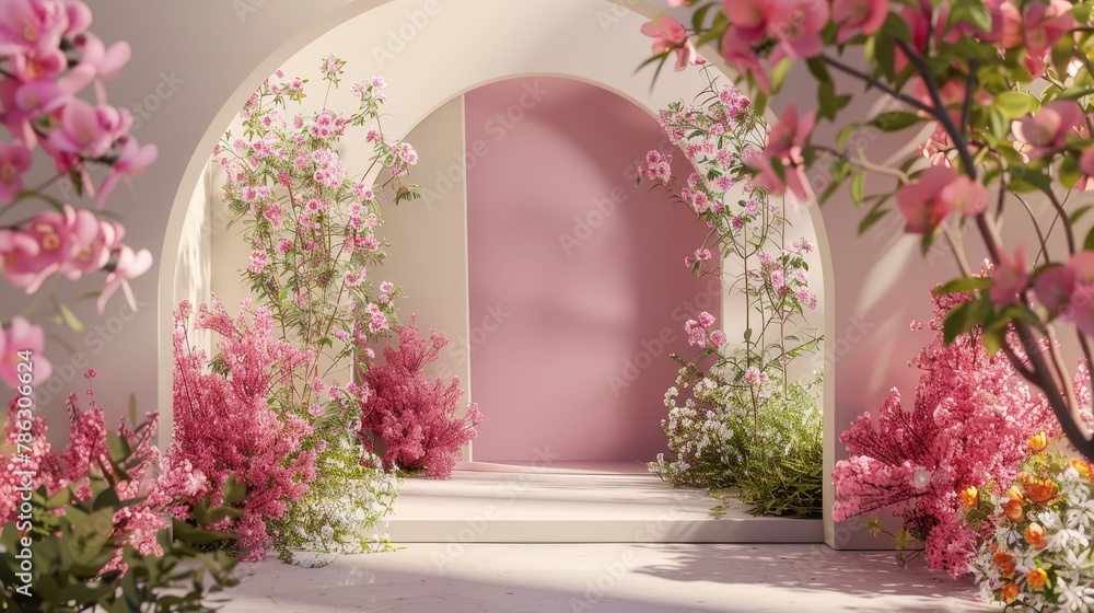 Poster Flower installation scene with geometric arch. 3D rendering...