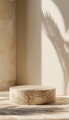 Elegant 3D stone podium against desert sand hue backdrop, ideal for cosmetics showcase.