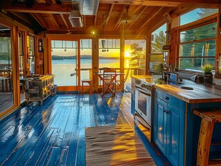 Building with blue cabinetry and wooden floors, overlooking a lake