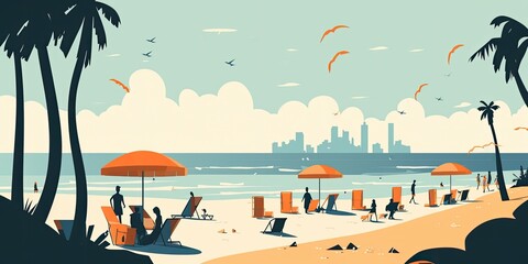 Beach landscape. Flat style art illustration. - obrazy, fototapety, plakaty