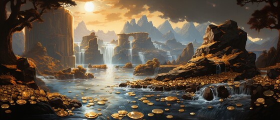 A majestic waterfall where the water cascades over cliffs of gold, into a pool of sparkling coins