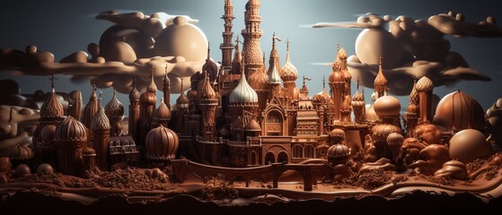 A magical kingdom with a castle made of layered chocolate and ice cream spires
