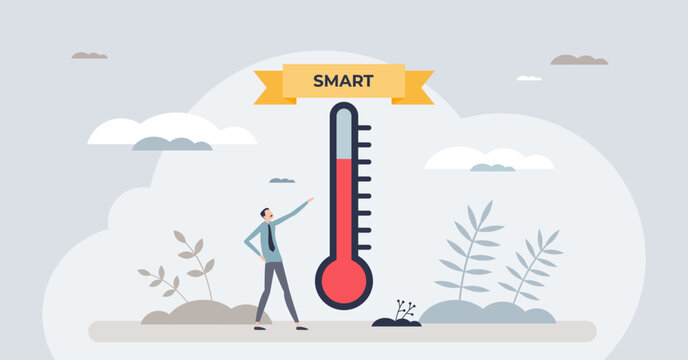 SMART goals with specific, measurable, achievable, relevant and time bound task objectives tiny person concept. Successful, effective and productive defined progress monitoring vector illustration.