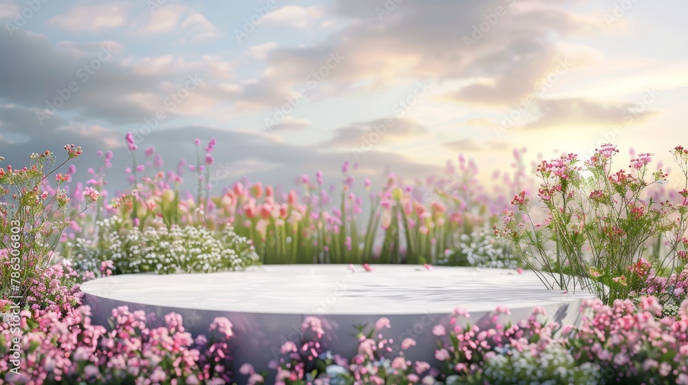 Poster prominent podium backdrop with spring flower fields. 3d rendering.