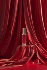 Elegant 3D-rendered display with a vibrant red backdrop, draped in silk for showcasing cosmetics.