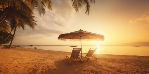 Beautiful sunset beach, sun lounger and umbrella on a sandy beach by the sea - obrazy, fototapety, plakaty