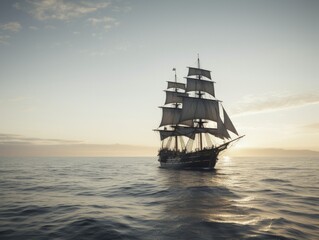 Sailing ship on a sea cruise. Sunset. Travel. - obrazy, fototapety, plakaty