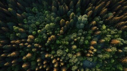 Aerial photography forest. Summer warm sun light forest aerial view.