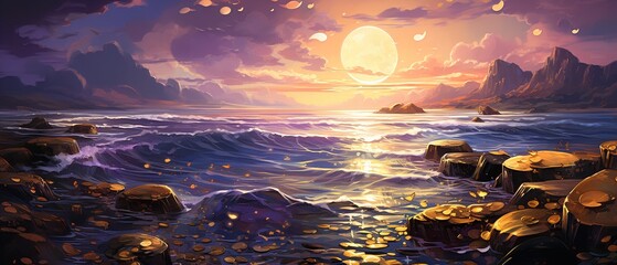 A surreal beach where the sand is made of crushed gold and the sea sparkles with floating coins, under a sunset of rich purples and golds - obrazy, fototapety, plakaty