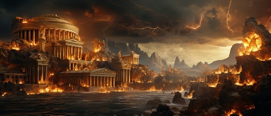 An ancient Greek setting where gods made of gold clash with titanic monsters over the fate of mythical treasures, with copy space - obrazy, fototapety, plakaty