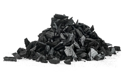 Pile of charcoal particles isolated on a white background, Xylanthrax. Natural wood charcoal.