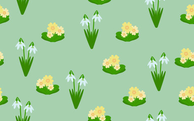 Snowdrop and primrose isolated on a pastel green background. Spring flower. Flat style. Seamless pattern. Background for cover, fabric, decor.