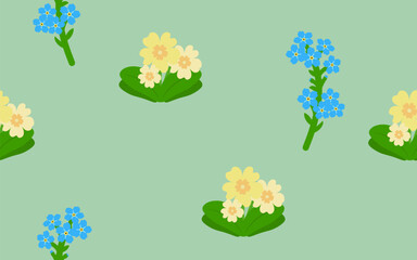 Yellow primrose and forget-me-not isolated on a green background. Spring flowers. Flat style. Seamless pattern. Background for paper, cover, textile, dishes, interior decor.