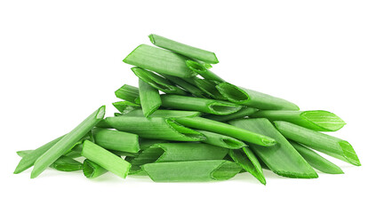 Pile of chopped fresh green onions isolated on a white background. Chopped spring onion or scallion. - Powered by Adobe