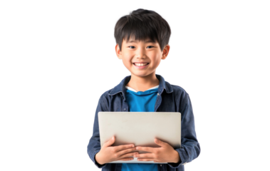 Young Boy with Laptop Smiling at Camera