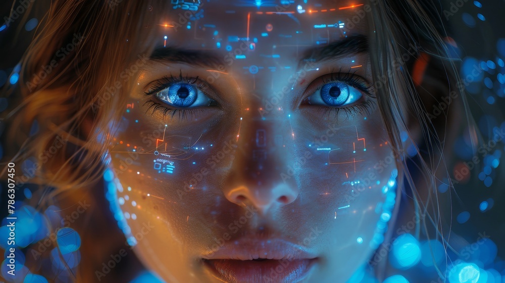 Aufkleber user-facing ai chatbot on screen of phone app. avatar or userpic with the face of a futuristic woman