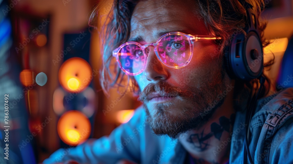 Poster An android program or coder on a computer screen, typing code to implement a program. Portrait of a man working over a laptop in a dark room lit by neon lights. An android hacker wearing glasses and