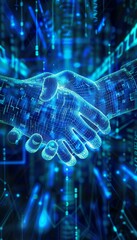A digitally enhanced image capturing a futuristic businessman handshake, symbolizing trust
