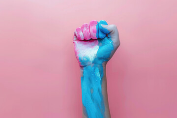 Close up of a raised fist with transgender flag