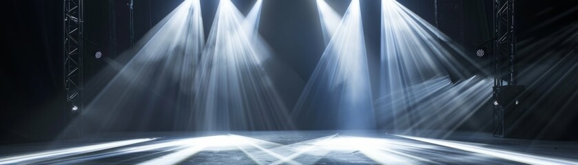 A dynamic scene featuring stage beams and theatrical spotlights against a black backdrop,