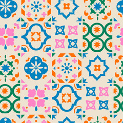 Fototapeta premium Various square Tiles. Different colorful ornaments. Traditional mediterranean style. Hand drawn Vector illustration. Ceramic tiles. Grunge texture. Square seamless Pattern, background, wallpaper