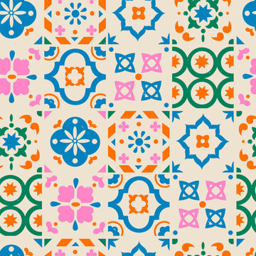 Various square Tiles. Different colorful ornaments. Traditional mediterranean style. Hand drawn Vector illustration. Ceramic tiles. Grunge texture. Square seamless Pattern, background, wallpaper
