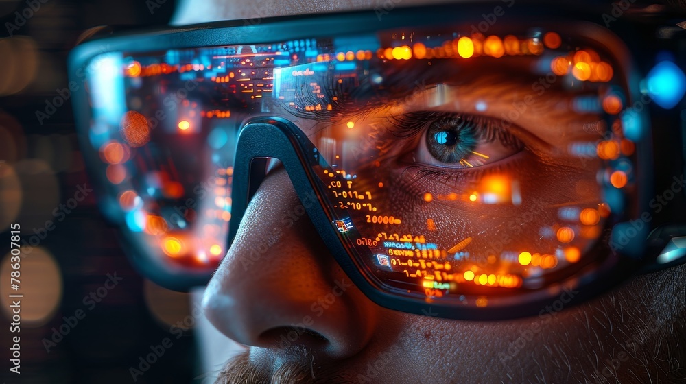 Fototapete Software developer in VR headset. Developing computer code in programming environment. Man working in glasses, headset. Futuristic technology concept.