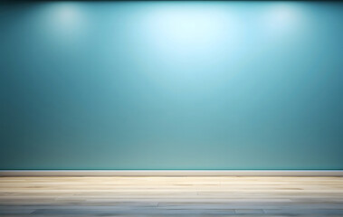 Blue turquoise empty wall and wooden floor with interesting glare from the window