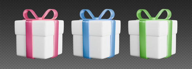 Gift boxes with ribbons, realistic 3d white boxes with colorful bows. Surprise gifts isolated on grey background. Vector illustration.