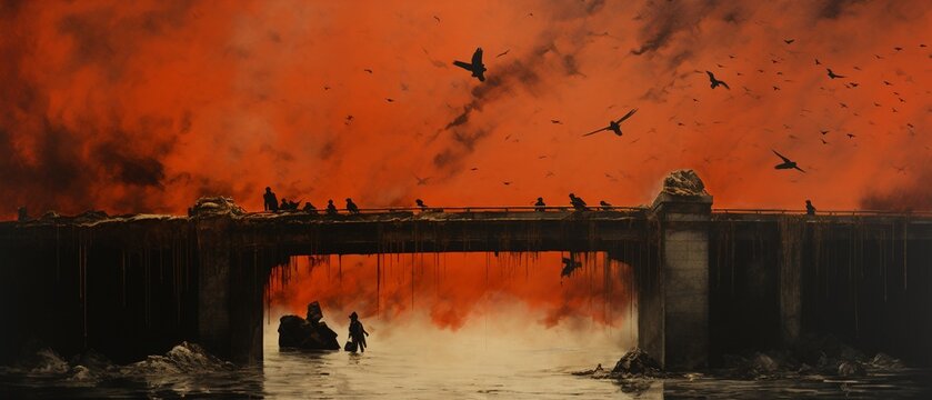 Under a sky of fluttering banknotes, a bridge spans over a river of molten gold, a lone figure races across, pursued by flying, inkblack ravens made of burnt money  Color Grading Red and Black
