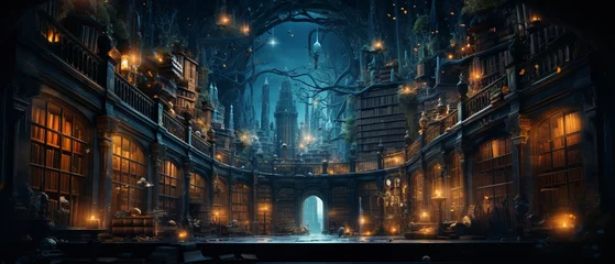 Foto op Canvas A magical library with shelves of ancient, valuable coins, where a burglar, invisible but for the floating money in their hands, sneaks past slumbering, bookish dragons  Color Grading Teal and Orange © Parinwat Studio