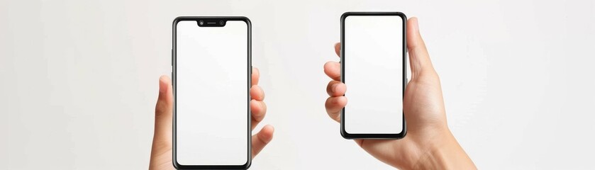 A hand holding a black smartphone with a frameless screen, isolated on white background,