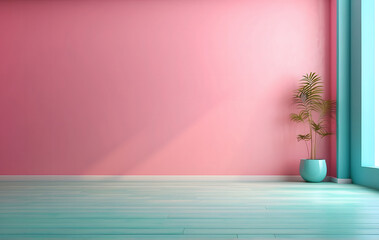 An empty room with a pink and blue wall, studio stage floor pastel colour soft scene