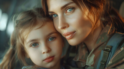 An American female soldier standing with a little girl, symbolizing patriotism and respect for national holidays and events.