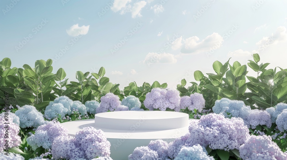 Aufkleber an attractive podium backdrop with a field of hydrangea flowers. this is a 3-d rendering of the back