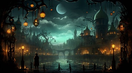 A Victorianera scene with a twist, where fog is made of swirling coins and street lamps glow with the brilliance of gems, a shadowy figure picks locks with a golden key  Color Grading Teal and Orange - obrazy, fototapety, plakaty