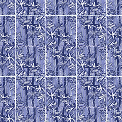 Indigo blue Japanese block print effect pattern. Seamless hand made vector design for fabric batik background and faded fashion repeat.  - 786308277