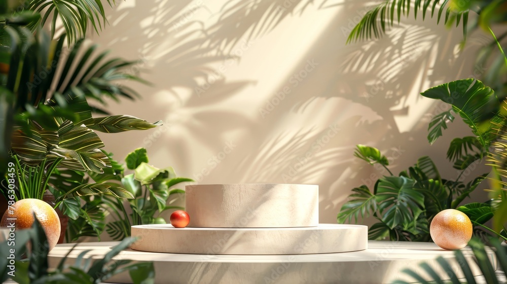 Leinwandbilder 3d rendering of a tropical summer scene with a podium for displaying products.