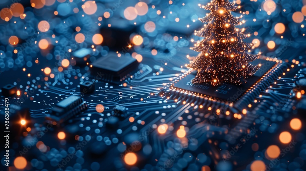 Aufkleber Merry Christmas and New Year, template in the style of new technology. Christmas tree on a printed circuit board. Snowfall, snow flakes from electronic pulses and signals. Tech 2024.