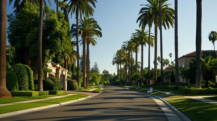 One cannot help but be captivated by the manicured lawns and palm-lined streets that define Beverly Hills. The neighborhoods are adorned with exquisite mansions boasting timeless architecture - obrazy, fototapety, plakaty