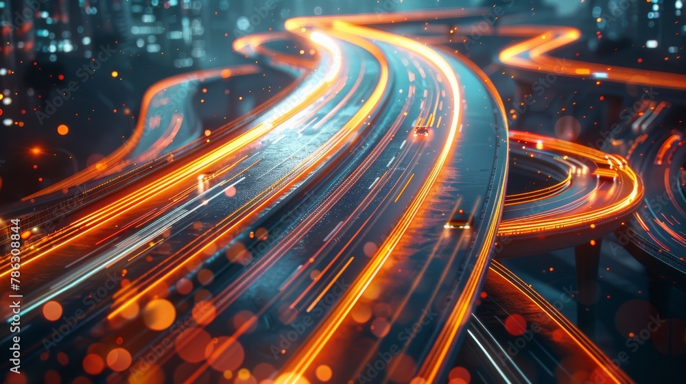 Poster 3D rendering of highway in city. Motion blur at high speed. Business concept, high-tech background. Artificial intelligence, hyper loop, virtual reality, high-speed network.