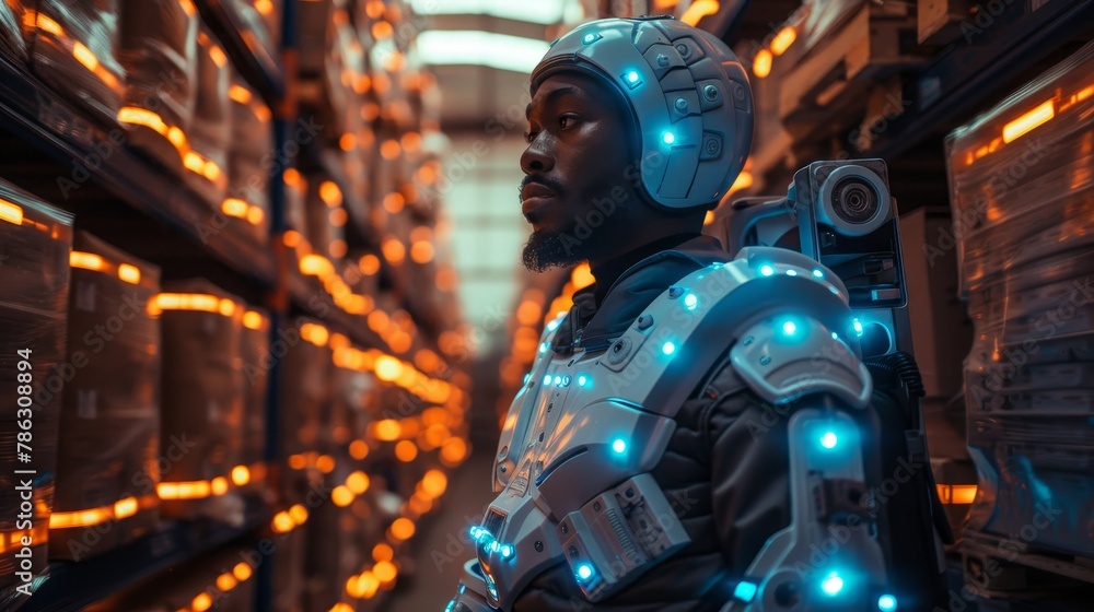 Aufkleber Worker in future bionic exoskeleton suits is picking up boxes in a factory. Robotic exoskeleton suits are used in warehouses. Future delivery, logistic technology.