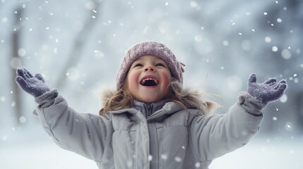 Fototapeta na wymiar Tender Smiling Child Amidst Wintery Blizzard