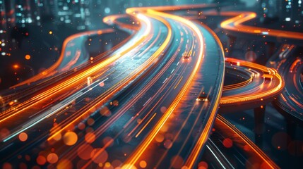 3D rendering of highway in city. Motion blur at high speed. Business concept, high-tech background. Artificial intelligence, hyper loop, virtual reality, high-speed network.